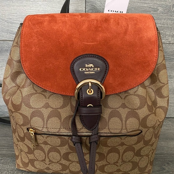 Coach Suede Kleo khaki multi backpack bagwomen signature - Picture 1 of 13